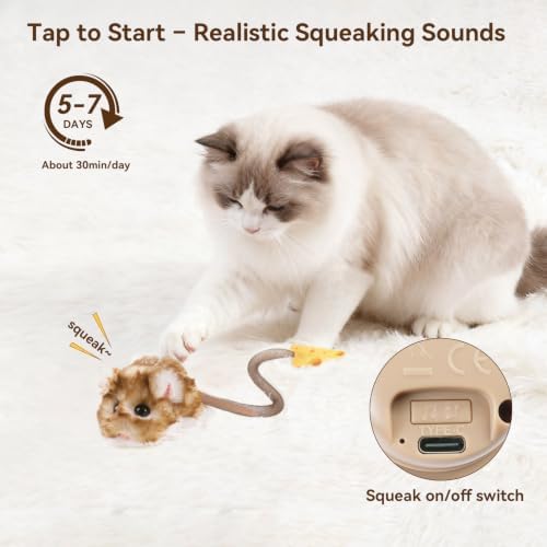 Migipaws Interactive MigiMouse Cat Toy 360° Rolling & Spin with Mesh Plastic Tail for