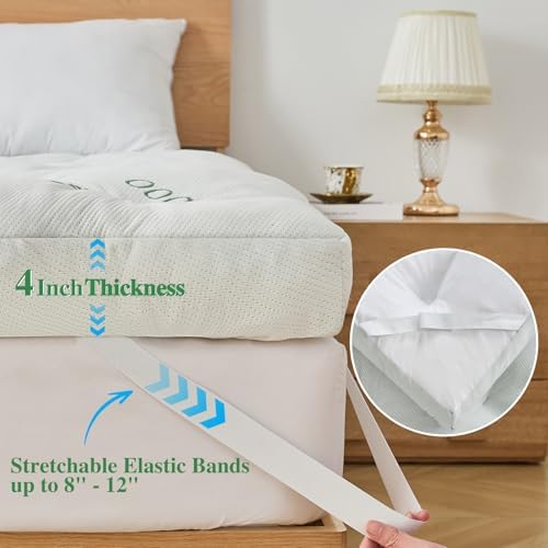 WhatsBedding 4 inch Bamboo Memory Foam Mattress Topper for Back Pain Relief Queen Size