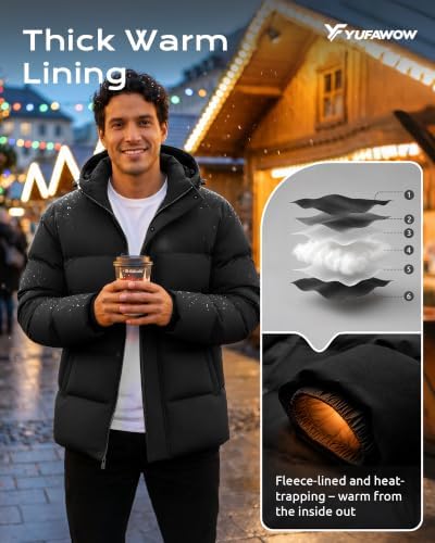 Yufawow Men Puffer Jacket Insulated Coat Thick Warm for Cold Weather Outdoor Work Winter
