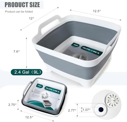 Collapsible Dish Basin with Drain Plug, Foldable Sink, 2.4 Gal (9L)