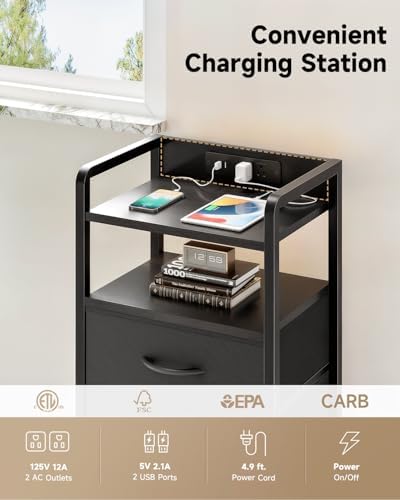 Nightstand with Rear Charging Station, LED Light, 2 Drawers, Black