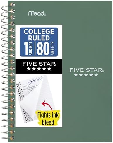 Five Star Spiral Notebook, 1 Subject, College Ruled Paper, 4-3/8" x 7", Small Size