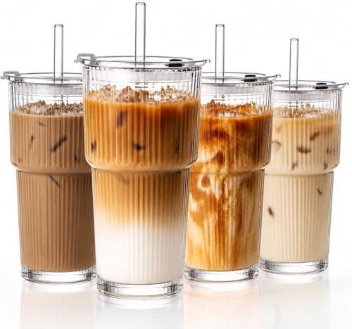 20oz Iced Coffee Cups with Lids, Ribbed Glass Cups with Lids and Straws