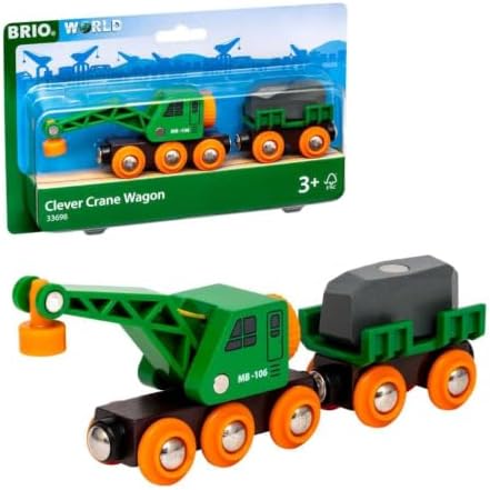 BRIO World 33698 - Clever Crane Wagon Set - 4 Piece Wooden Toy Train Set for Kids