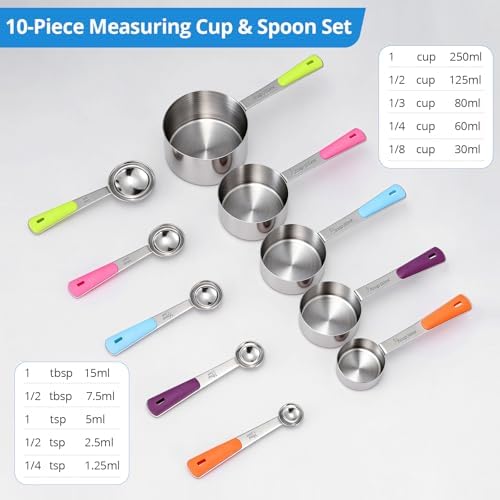10-Pcs Stainless Steel Measuring Cups & Spoons Set, Colorful Handles