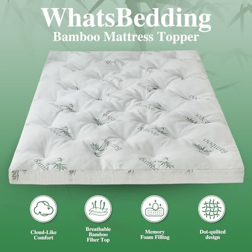 WhatsBedding 4 inch Bamboo Memory Foam Mattress Topper for Back Pain Relief Queen Size