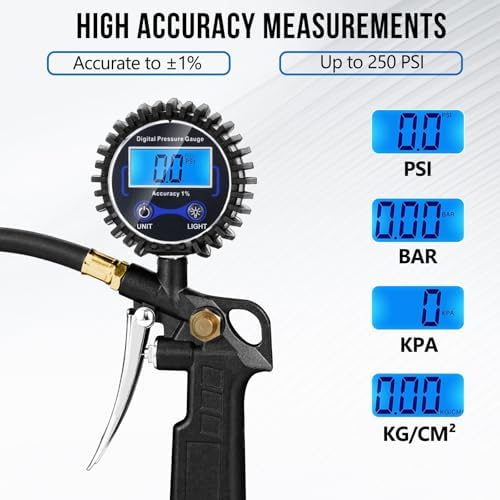 Digital Tire Pressure Gauge with Inflator 3-250 PSI Heavy Duty