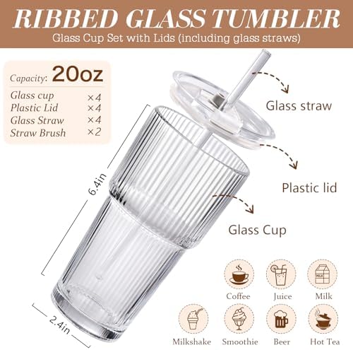 Iced Coffee Cups with Lids,Glass Cups with Lids and Straws,4 Coffee Tumbler