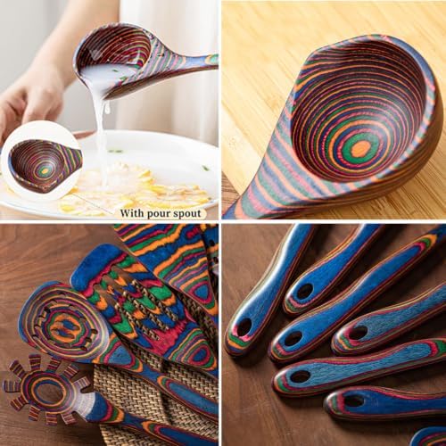 9-Piece Blue Pakkawood Cooking Utensil Set,Soup Ladle with Pour Spout and Wooden Tongs