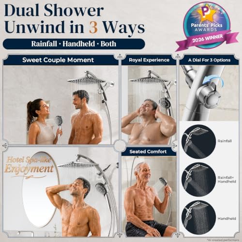 Veken 10" Square Shower Head with Handheld,8 Functions Rainfall,Power Wash
