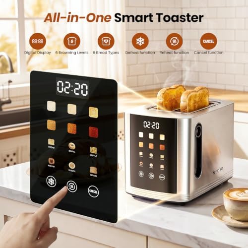 Toaster 2 Slice Touch Screen, Smart Toaster Wide Slot, Full Stainless Steel