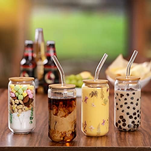 Drinking Glasses with Bamboo Lids and Glass Straw 4pcs Set - 16oz Glass Cups