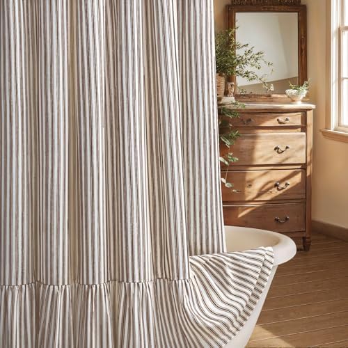 Farmhouse Shower Curtain Ruffle Linen Cream-Brown Stripe 72"W x 72"L