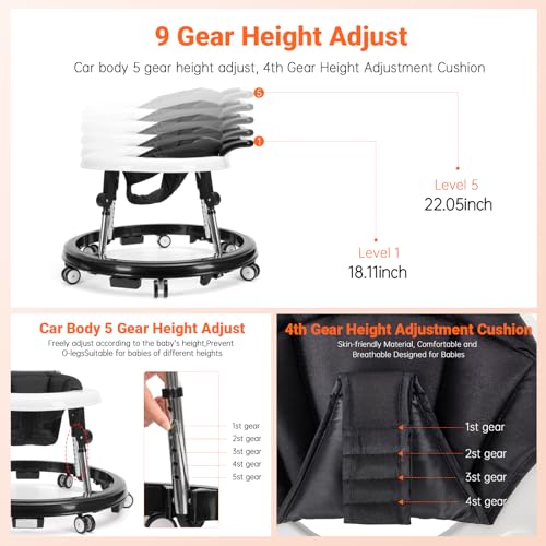 Foldable Baby Walker with 9 Height Adjustments, Portable Wheels, for Boys &