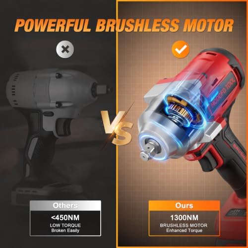 Cordless Impact Wrench, 1300N.m(959ft-lbs), 1/2" High Torque Impact Gun