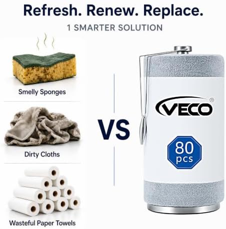 Veco Tear-Away Microfiber Cleaning Cloth Roll with Stainless Steel Holder