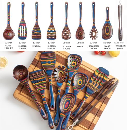 9-Piece Blue Pakkawood Cooking Utensil Set,Soup Ladle with Pour Spout and Wooden Tongs