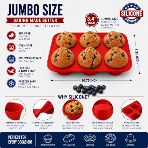 Silicone Texas Muffin Pan 6-Cups, Jumbo Muffin Pan Set of 2