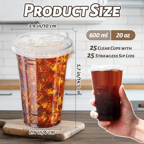 Qinsihwn 20 oz Clear Plastic Cups with Strawless Sip Lid