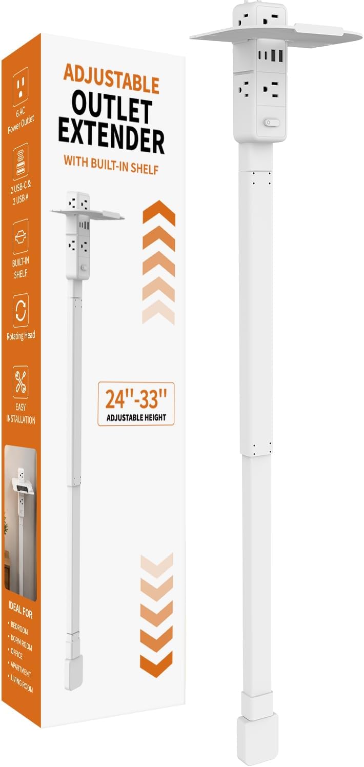 Outlet Extender Stick with 2 USB-A & 2 USB-C,6 AC Outlets,24"-34" Extension