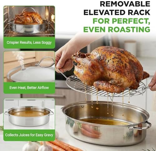 NutriChef 20" Oval Roasting Pan with Rack and Lid