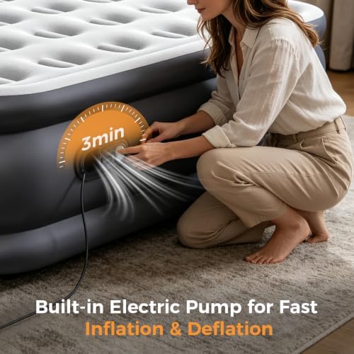 NEWBULIG 18" Raised Queen Air Mattress with Built in Pump, Blow up Bed