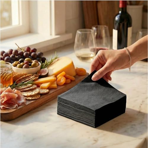 Cocktail Napkins-Disposable Beverage/Bar Napkins-Black Linen-Like Square