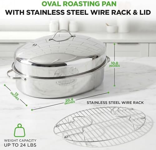 NutriChef 20" Oval Roasting Pan with Rack and Lid