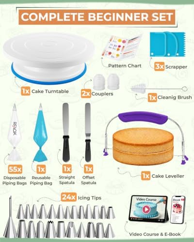 RFAQK 90PCs Cake Decorating Kit with Video Course for Beginners & Pros