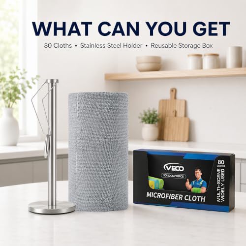 Veco Tear-Away Microfiber Cleaning Cloth Roll with Stainless Steel Holder