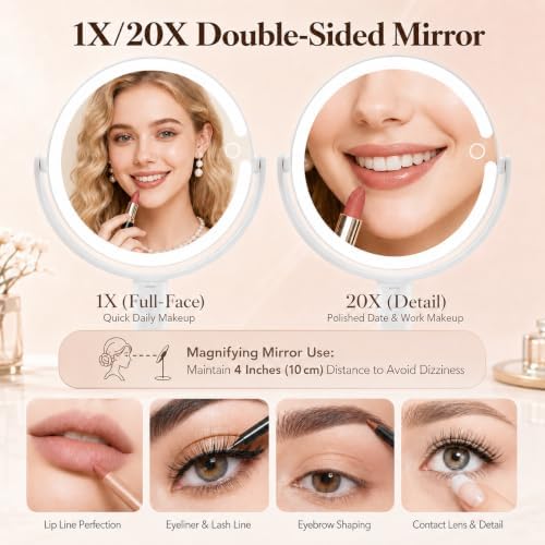 Makeup Mirror with Lights, 20X Magnifying Mirrors, Height Adjustable