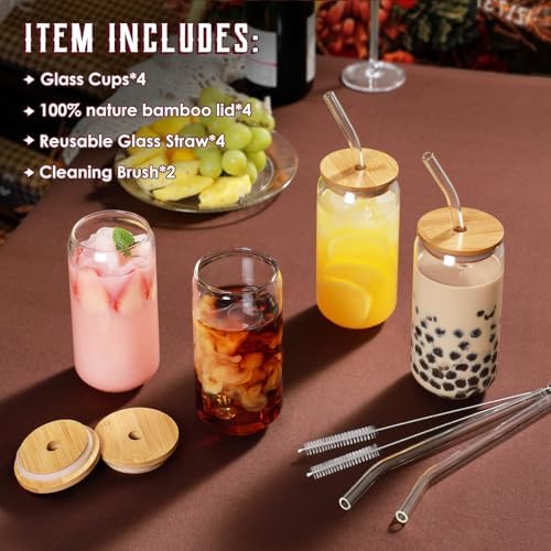 Drinking Glasses with Bamboo Lids and Glass Straw 4pcs Set - 16oz Glass Cups