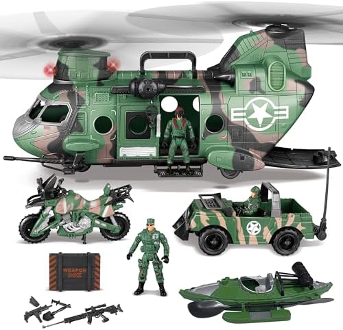 JOYIN 10-in-1 Military Helicopter Toys Set with Light, Sound, Trucks, Boat, Bike