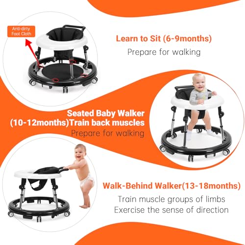 Foldable Baby Walker with 9 Height Adjustments, Portable Wheels, for Boys &