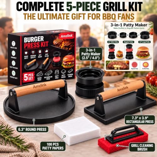 5 Pcs Smash Burger Press Kit, Cast Iron Burger Smasher, Steak Weight