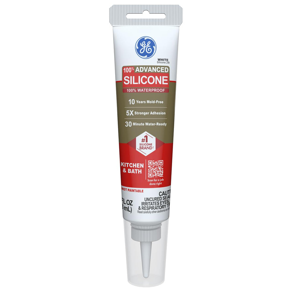 GE Advanced Silicone Caulk for Kitchen & Bathroom, White, 2.8 fl oz Tube, 1