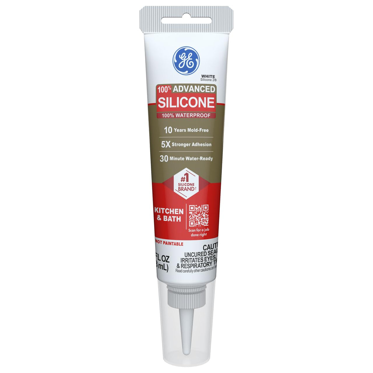 GE Advanced Silicone Caulk for Kitchen & Bathroom, White, 2.8 fl oz Tube, 1