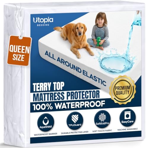 Utopia Bedding 100% Waterproof Queen Size Mattress Protector Noiseless