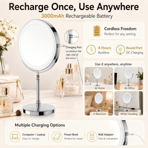 DEIOVWXS Makeup Mirror, Rechargeable Vanity Mirror with 3 Lights, 1X/10X
