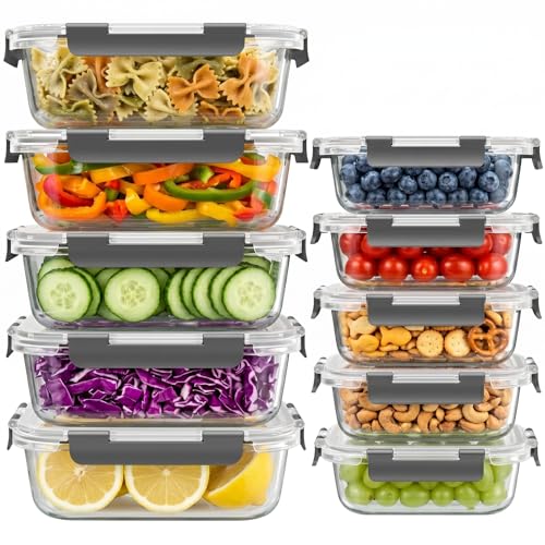 Dealusy 10 Sets 36 oz & 12 oz Glass Food Storage Containers with lids, Gray