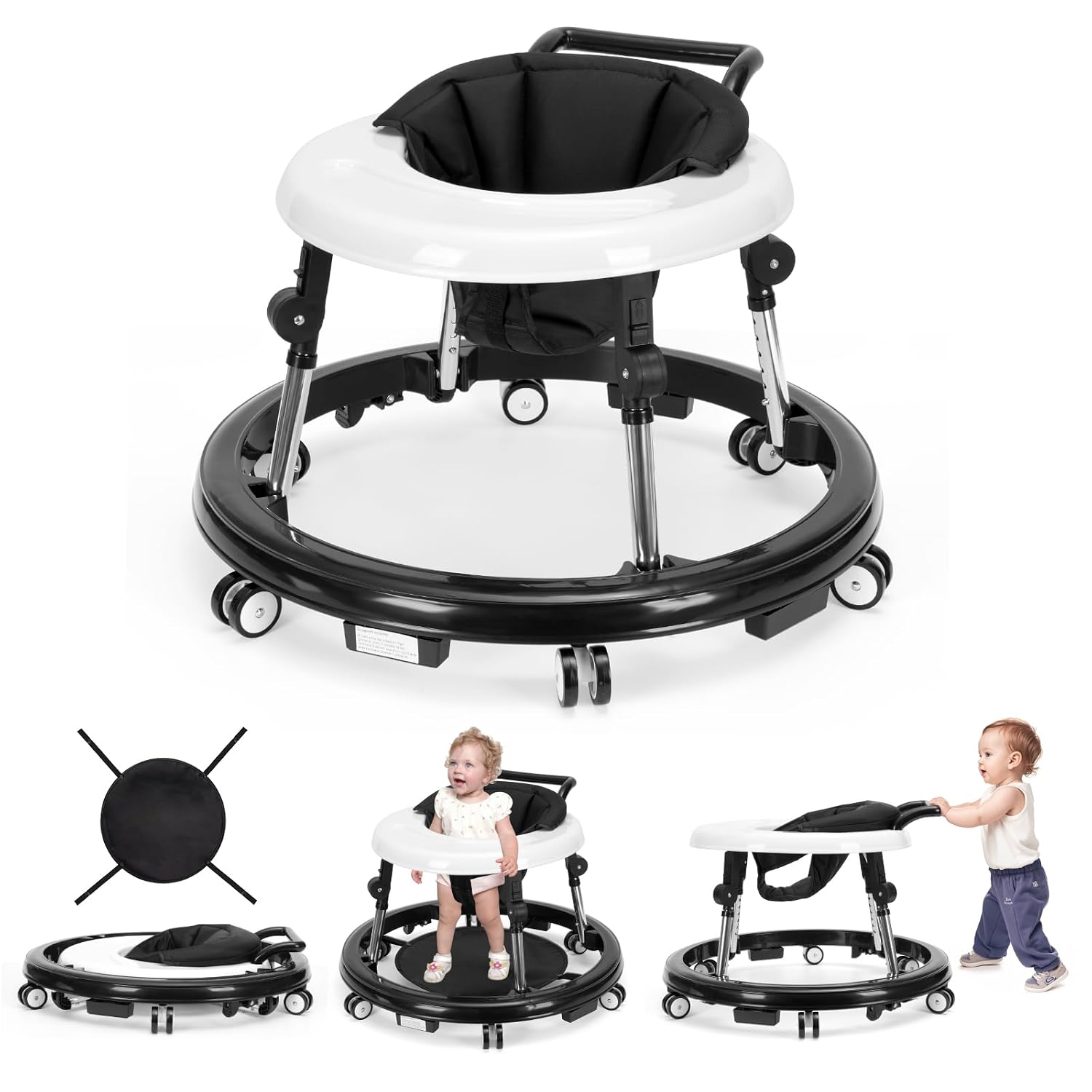 Foldable Baby Walker with 9 Height Adjustments, Portable Wheels, for Boys &