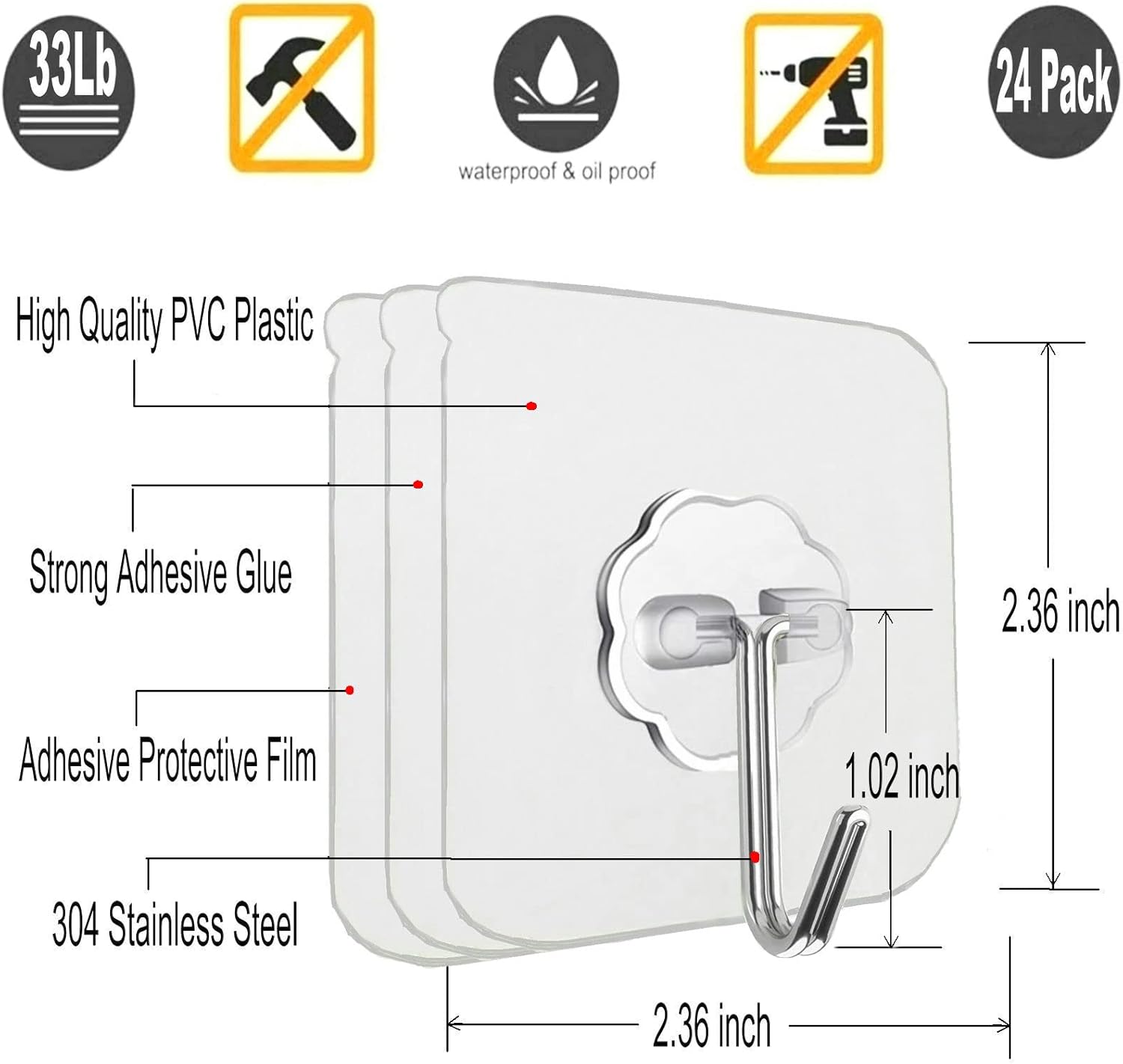 Jwxstore 24 Pack Self Adhesive Hooks Heavy Duty - 33lb Max, Transparent