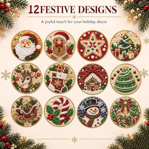 12 PCS Christmas Ornaments DIY Pearl Diamond Art Kits for Adults