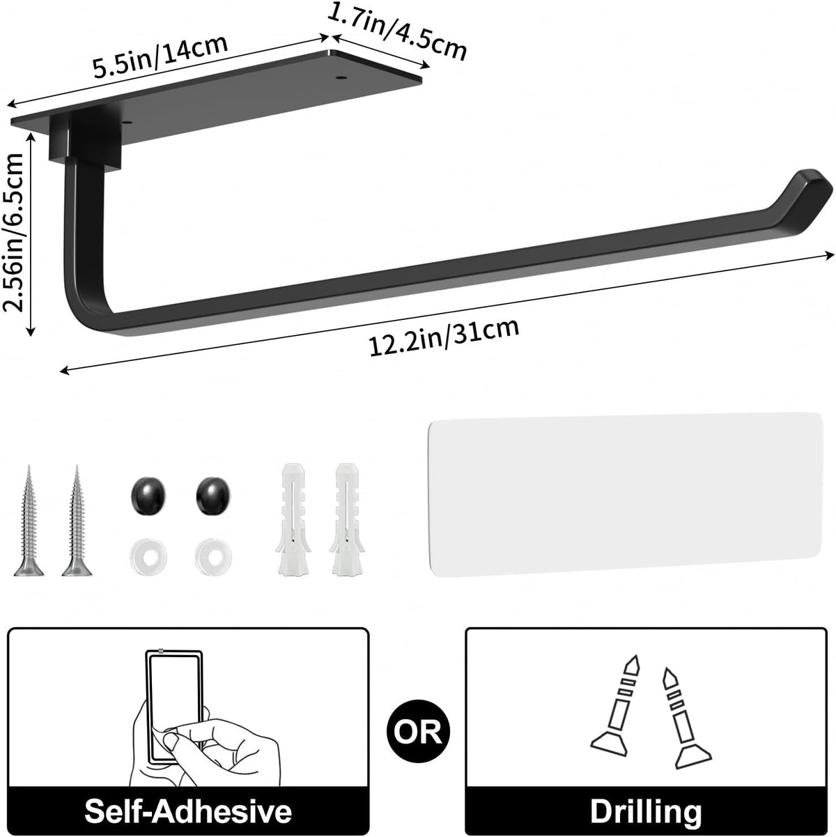 Paper Towel Holder - Self-Adhesive or Drilling, Matte Black, Upgraded