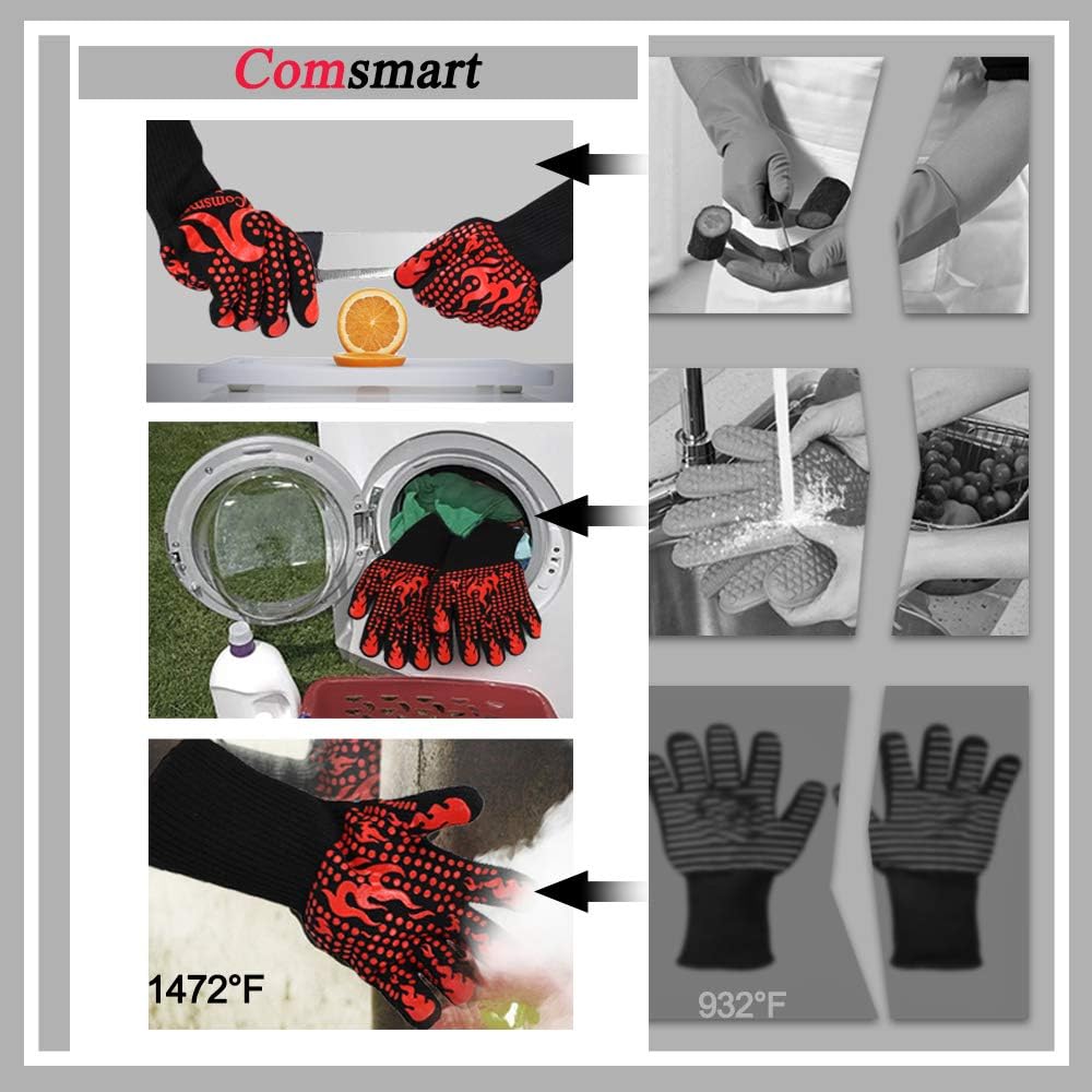 Comsmart BBQ Gloves, 1472 Degree F Heat Resistant Grilling Gloves Silicone