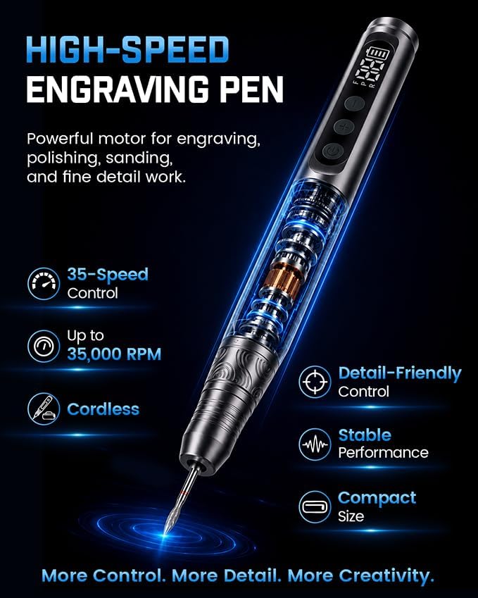AlgoLaser Cordless Engraving Pen Kit - 35 Speed - 35,000 RPM Motor, 46 Bits