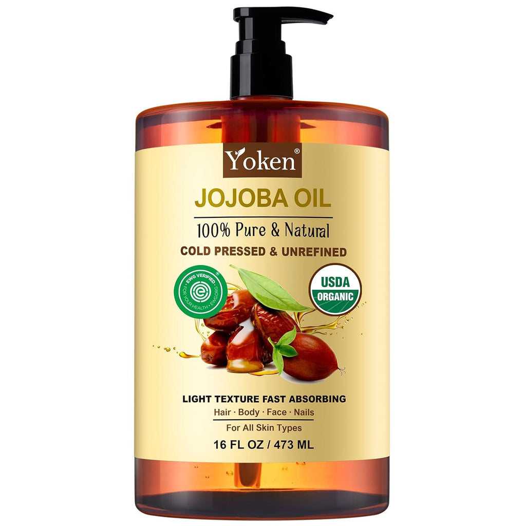Yoken Pure Jojoba Oil Organic USDA Certified 16 fl oz, 100% Natural Jojoba