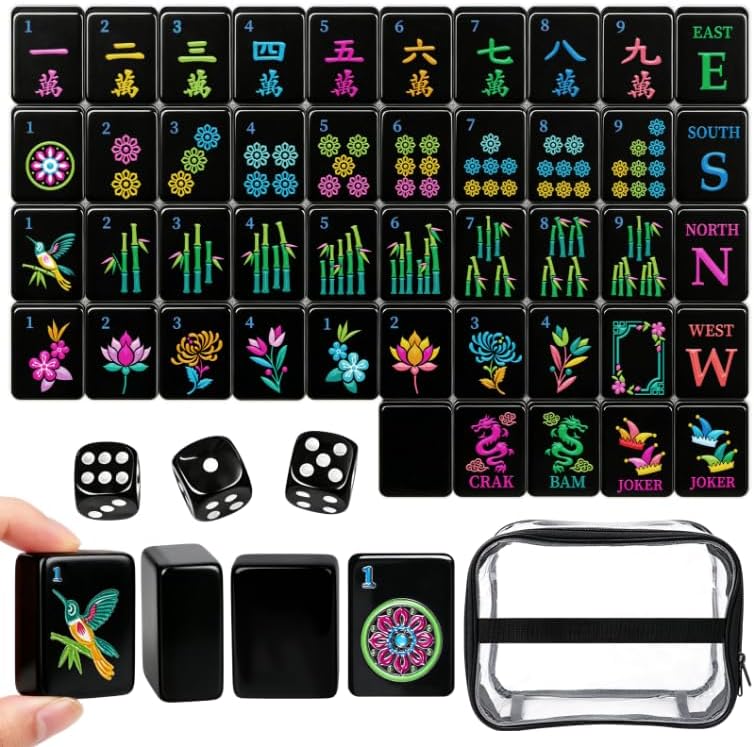 162 Black American Mahjong Tiles Set & Storage Bag, Dice, 1.2" Travel Gift