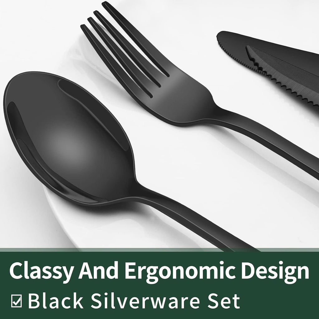 EWFEN 24-Piece Black Silverware Set with Steak Knives, Black Flatware Set for