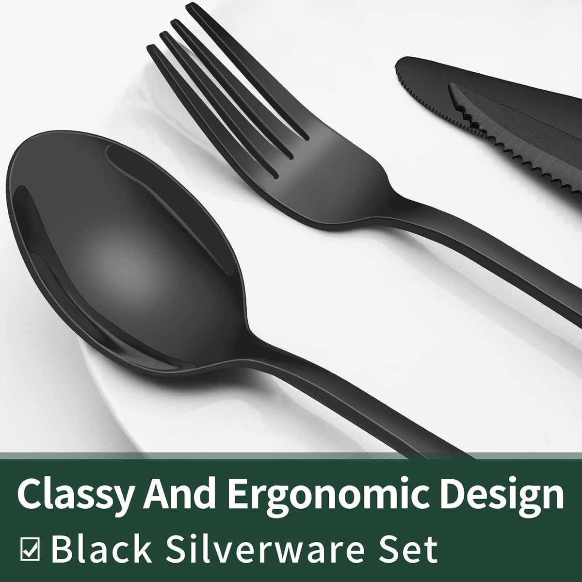 EWFEN 24-Piece Black Silverware Set with Steak Knives, Black Flatware Set for